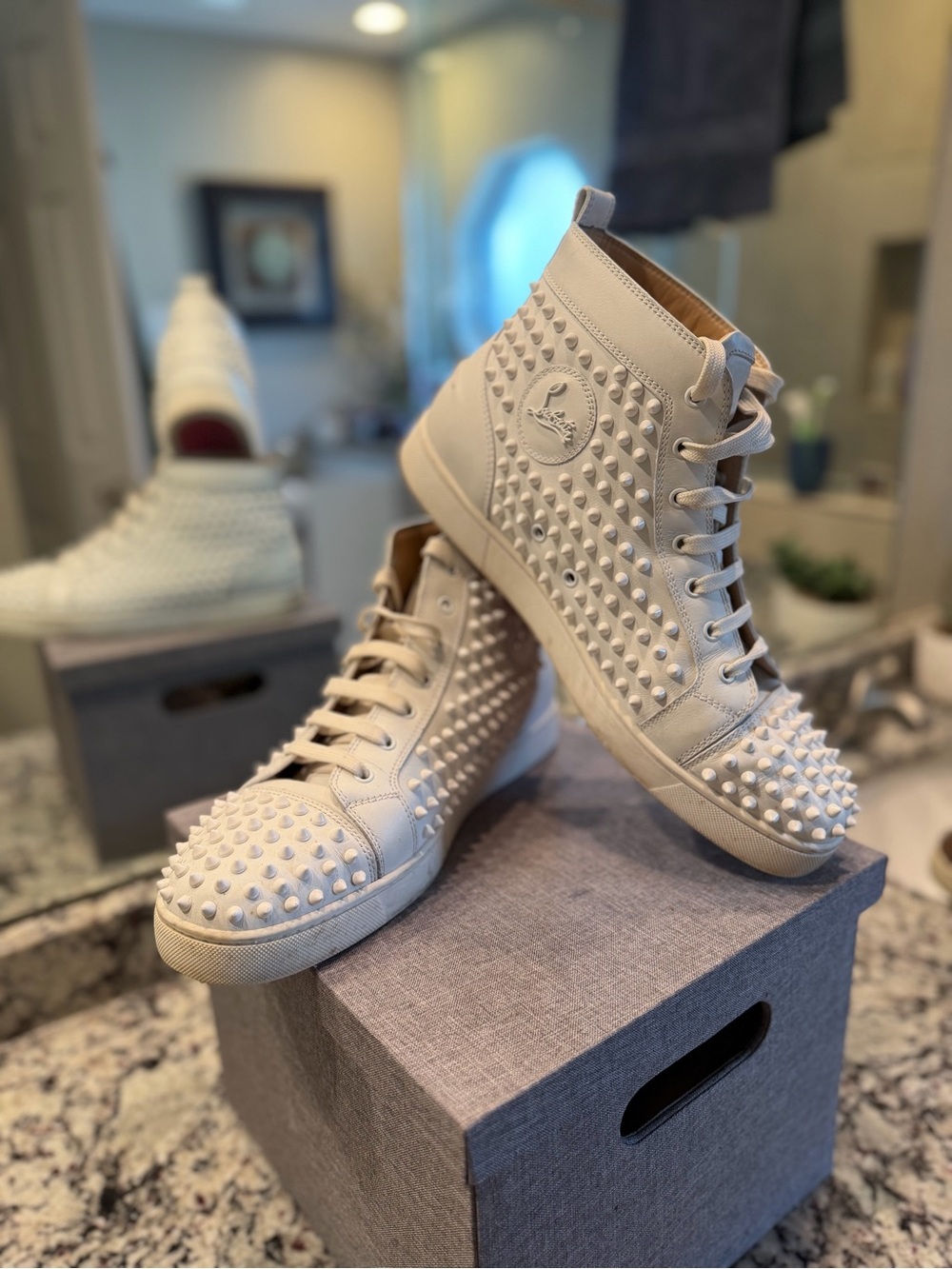 Christian Louboutin White Spike-Stud High-Top Sneakers